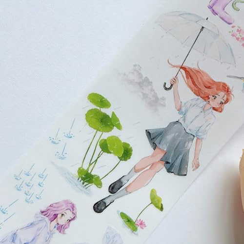 WT Pre-Cut Morning Dew Wide Washi Tape, Single Roll, Original Rainy Day Illustration Designs, Decorative Japanese Paper Tape for Journaling, Scrapbooking, Planner & DIY Crafts, 65mm×5m