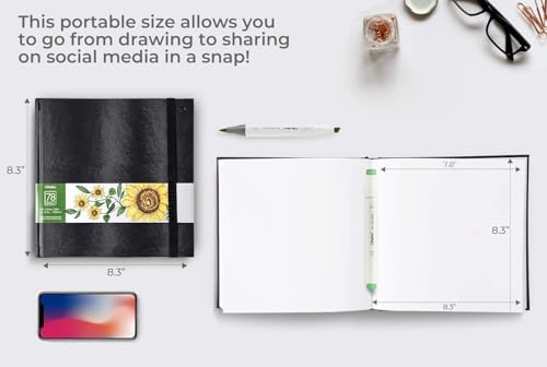Ohuhu 8.3"x8.3" Marker Paper Pad Art Sketchbook for Drawing and Sketching | Square Sketch Book - 120 LB/200 GSM Smooth Drawing Paper - 78 Sheets/156 Pages - PU Hardcover Sketch Pad for Alcohol Markers