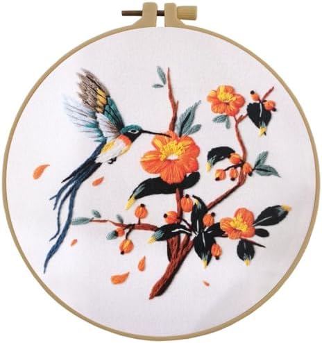 Esffaci Embroidery Starter Kit for Adult Beginner with Hummingbird‌ Flowers Pattern Hand Embroidery Set with Embroidery Cloth Hoop Needle Threader Embroidery Floss and Instruction