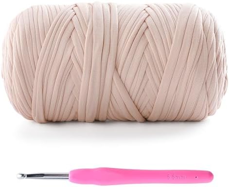 T-Shirt Yarn for Crochet - 400g/130yds Elastic Fabric - Soft, Breathable, Comfortable - Perfect for Bags, Slippers, Home Decor - Includes 1 Crochet Hook (5.5mm)