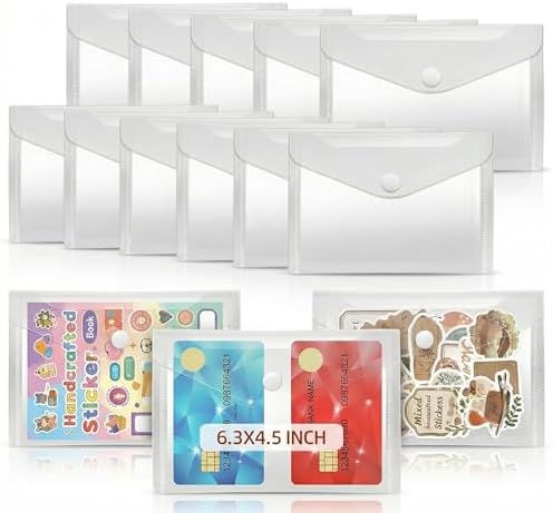 Sticker Organizer, Clear Plastic Envelopes with Snap, 12 Pack Waterproof and Durable for Sticker Storage, Scrapbook Storage, Washi Tape, Scrapbooking & Stamping Supplies (6.3×4.5 Inches)