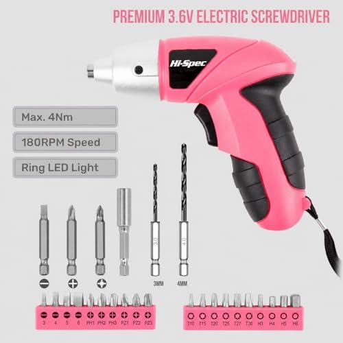 Hi-Spec Small Electric Screwdriver, Mini Drill Set, Rechargeable 3.6V Cordless Screwdriver with 26 Driver Bits, Power Tool for Small Projects & Home Use, Pink | 27pc, Speeds furniture assembly, comfortable cordless control, LED work light, USB charging...