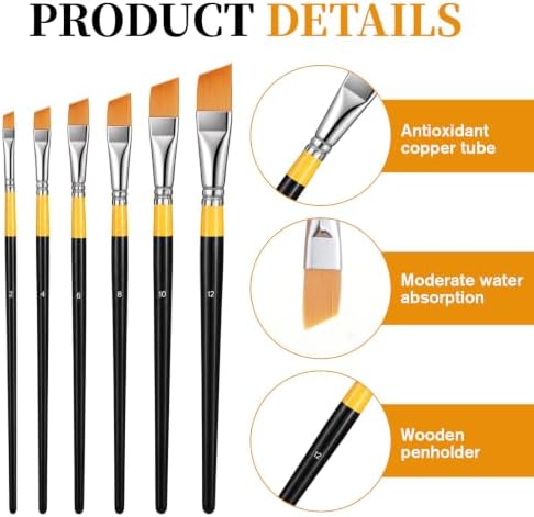 6PCS Small Angled Paint Brushes for Craft Detail Trim, 6 Sizes Flat Angular