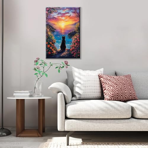JOOZ Paint by Numbers Kit for Adults with Frame, Black Cat Paint by Number with Easel, DIY Seaside Sunset Flowers Paint by Numbers Landscape for Home Wall Decor 8 x 12 Inch