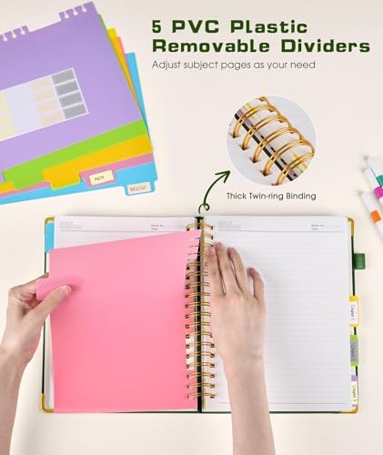 Hardcover Spiral Notebook journal with Removable Dividers Tabs, 300 Pages Leather 5 Subject Notebook College Ruled, 100GMS A5 Notebooks for Work School Note taking,Lined Journal for Women,A5-Green