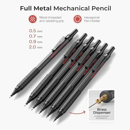 Nicpro 30PCS Black Metal Mechanical Pencil Set in Leather Case | Art Drafting Pencil 0.5-0.9 mm, 2mm Lead Pencil Holders for Sketching Drawing, 16 Tube (6B 4B 2B HB 2H 4H Colors)Lead Refills