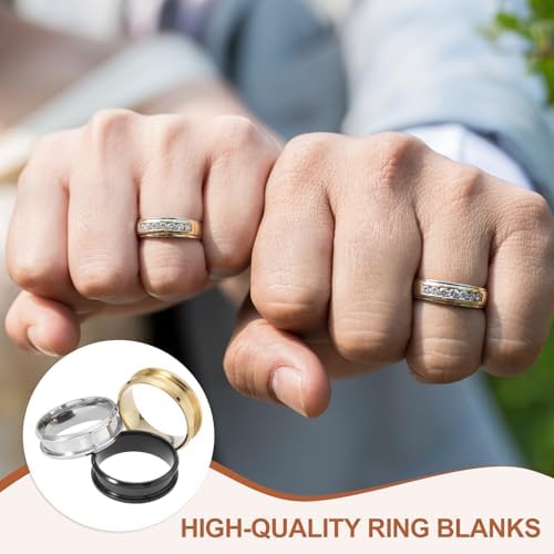 MECCANIXITY 3 Pcs Titanium Steel Ring Blank, 8mm Width Grooved Inlay Ring Blanks for Jewelry Making DIY Craft Supplies(Black/Gold/Silver, Size 8)