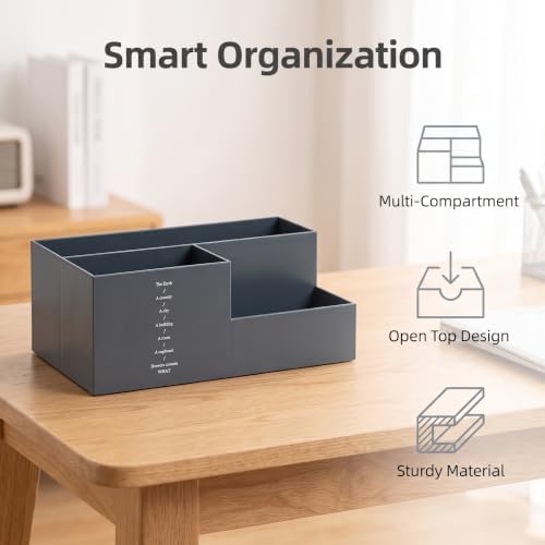 Jekelife Desk Organizer,3 Compartment Multi Grid Desk Container, Open Wide Opening Hard Thickened Pen Holder for Office Stationery, Home Small Item, School Supplies Organization Grey
