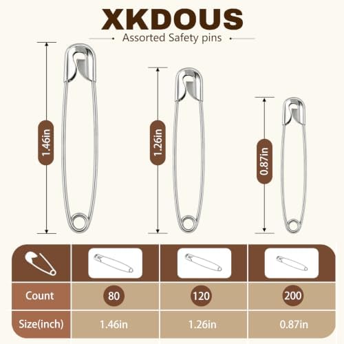 XKDOUS 400 Pack Safety Pins for Clothes, 3 Assorted Size Heavy Duty Pins