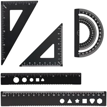 5 Pcs Metal Geometry Set, Math Drafting Ruler Kit- Aluminum Triangle Rulers, Protractor, 8 Inch and 6 Inch Drawing Ruler, Measuring Tool for School and Office (Metric and Imperial, Black)