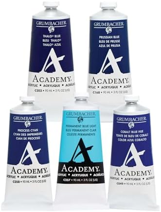 Grumbacher Academy Professional Acrylic Paint Set of 5 90ml Blue Colors - Metal Tubes - Heavy Body Professional Grade Artist Paint with Genuine and Pure Pigments - ASTM Lightfast Colors