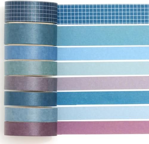 YUBBAEX 8 Rolls Basic Washi Tape Set Solid Color Grid Masking Decorative Tapes for Arts, DIY Crafts, Journals, Planners, Scrapbooking, Wrapping (Purplish Blue)