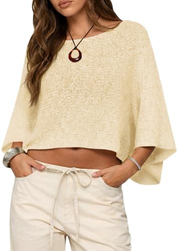 Saodimallsu Womens Crochet Cover Ups Batwing Sleeve Sweater Crop Tops Lightweight Summer Boho Knit Sheer Poncho Top