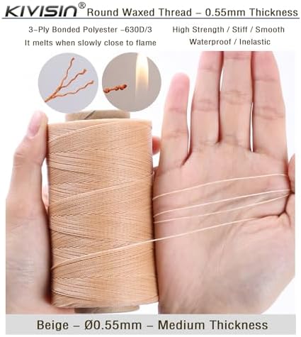 Sturdy Bonded Waxed Polyester Thread, 0.55mm, 437 Yards Wax String Cord - Beige for Leather, Hand Sewing, Stitching, Beading, Bookbinding, Bracelets and Macrame Jewelry Making
