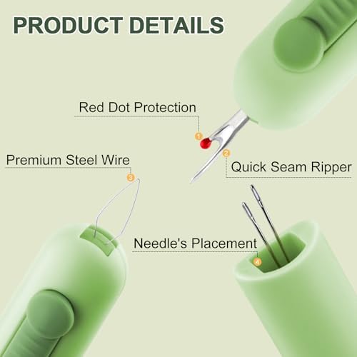 Automatic Needle Threaders Seam Ripper, Upgraded 3 in 1 Sewing Needle Threader Tool, 2Pcs Stretchable Quick Seam Rippers with Needle Storage for Hand Quilling, Embroidery Stitch Removal(Green)