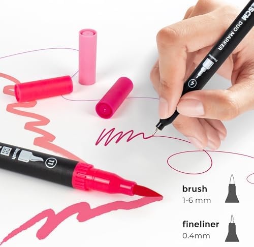 Pink Duo Tip Marker Pens, 12 Fine & Brush Tip Pen For Adult Coloring Books