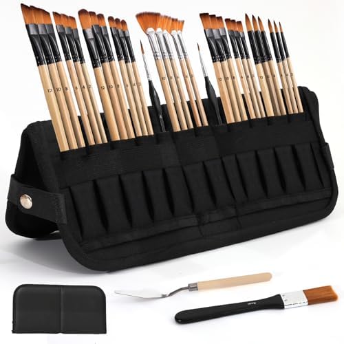 33Pcs Professional Paint Brush Set Flat Filbert Fan Art Brushes | Works for acrylic, oil, watercolor painting, comes with palette knife, ideal art supplies for artists, beginners & students
