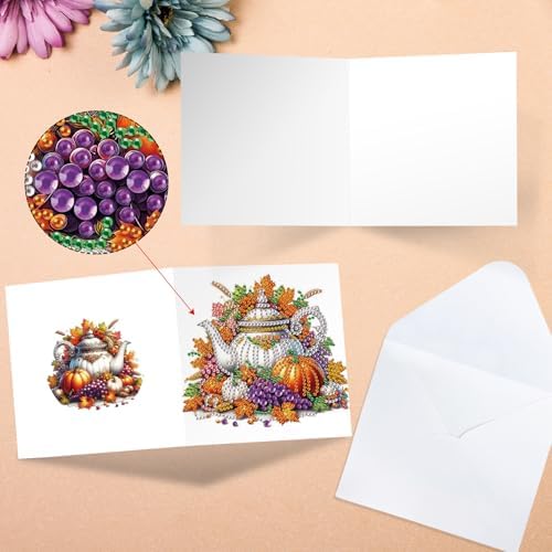 6 Pack Thanksgiving Diamond Painting Greeting Card Kits, DIY Fall Harvest Rhinestone Cards with Envelopes, Autumn-Themed Diamond Art Craft Set with Pumpkins, Corn, Grapes and Give Thanks Message