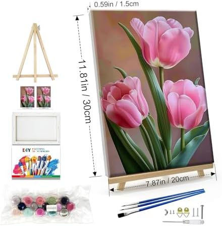 JOOZ Paint by Numbers Kit for Adults Flowers Paint by Numbers Kit with Frame DIY Tulip Paint by Number with Easel Floral Adult Paint by Number Kits Canvas for Gift Home Wall Decor 7.87x11.81 Inch