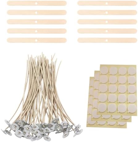 Candle Wicks Kit - 50pcs 8 Inch Natural Candles Wicks with 10pcs Wooden Holders 120 Pcs Wick Stickers for Soy Wax Beeswax Coconut Wax Candle Making Supplies
