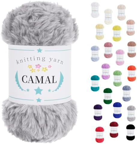 CAMAL Soft Faux Fur Yarn for Crocheting Blanket, 65 Yards Chunky Eyelash Yarn for Knitting Hats, 100 Grams Fuzzy Velvet Crochet Thread for Dolls, Earmuffs, Bags (Light Gray)