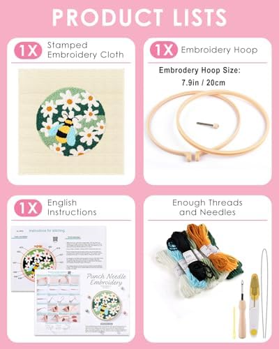 TINDTOP Punch Needle Kits, DIY Punch Embroidery Kits for Adults Beginner, Tool with Punch Needle Fabric, Hoops, Yarns and Sewing Needles (Set D)