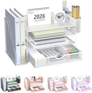 WALI Desk File Organizer, 4 Tier Desktop Paper Letter Tray Organizer with Drawer and 2 Pen Holders, Office Desk Accessories & Workspace Organizers for Office, Home Supplies(DO005DH-W), 1 Pack, White