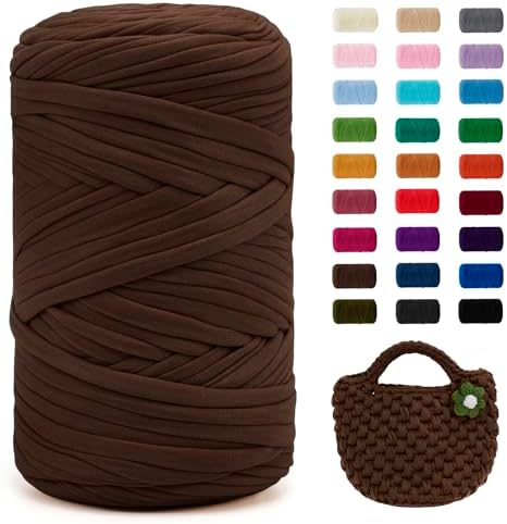 JeogYong T-Shirt Yarn, 400g/131 Yards Elastic Fabric Crochet Cloth T Shirt Yarn, Thick Hand Knitting Polyester Fabric Ribbon for Crocheting Bags/Baskets/Rugs, Home Decor, DIY Crafts (Coffee)