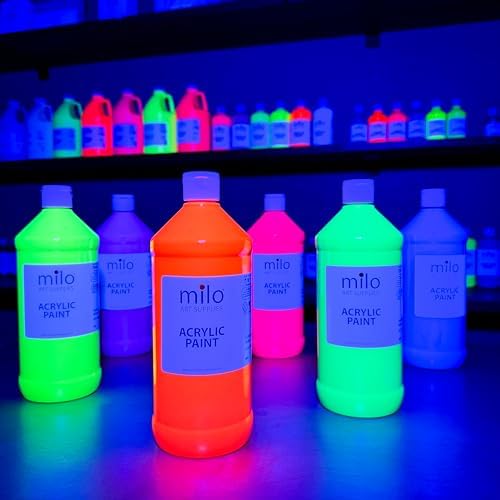 milo Fluorescent Acrylic Paint Set, 6 Neon UV Colors, 32 oz Bottles