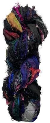 Maker's Craft Recycled Fuzzy Fringes Sari Silk Ribbon Yarn 35yards, 100Grams for DIY Knitting Crocheting Gift Wrapping, Christmas Decoration, Macrame Makers, Jewelry Making, Rugs Hooking (Black)