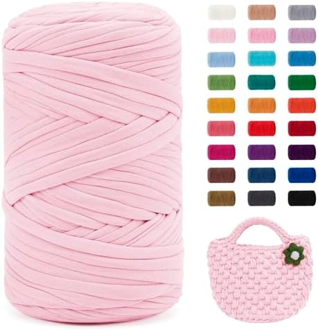 JeogYong T-Shirt Yarn, 400g/131 Yards Elastic Fabric Crochet Cloth T Shirt Yarn, Thick Hand Knitting Polyester Fabric Ribbon for Crocheting Bags/Baskets/Rugs, Home Decor, DIY Crafts (Light Pink)