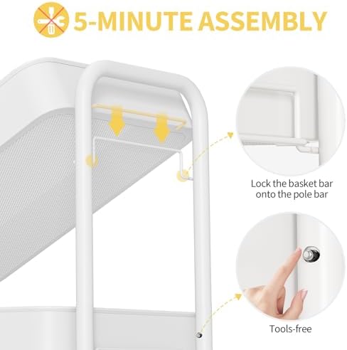 TOOLF 3 Tier Rolling Cart, Metal Utility Storage Cart with Pegboard, White | 2 Bins & 4 Hooks, Screwless Assembly, Lockable Wheels, Trolley Organizer for Bathroom, Kitchen, Office, Dorm, Craft Room