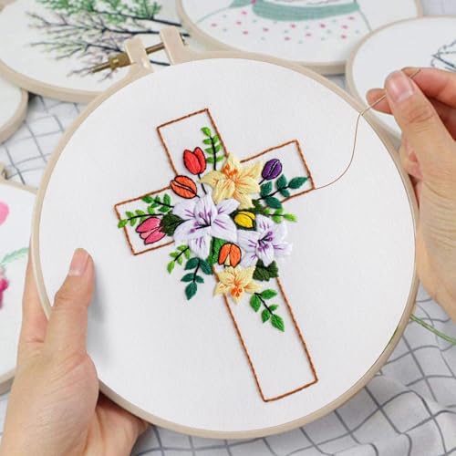 Louise Maelys Cross Floral Embroidery Kit for Beginners Canvas Tote Bag