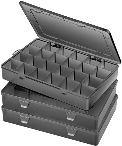 Gbivbe Large 24 Grids Plastic Organizer Box Adjustable Dividers,Clear Storage Box for Jewelry, Art DIY Crafts, Washi Tapes, Beads and Small Parts(Black,3Pack)