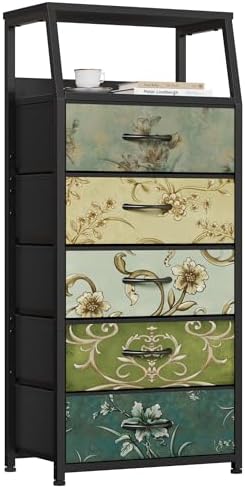 Furnulem 5 Drawers Dresser for Bedroom, Fabric Tall Nightstand