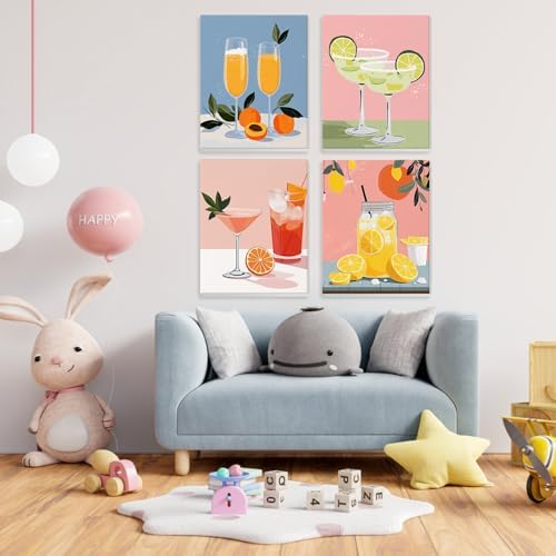 NEWENMO 4 Pack Paint by Numbers for Adults with Wooden Framed, Cocktail Kitchen, Paint by Number Kits on Canvas for Beginner, DIY Acrylic Oil Painting Kits for Home Decor 8x10 inch, Fruit Drink