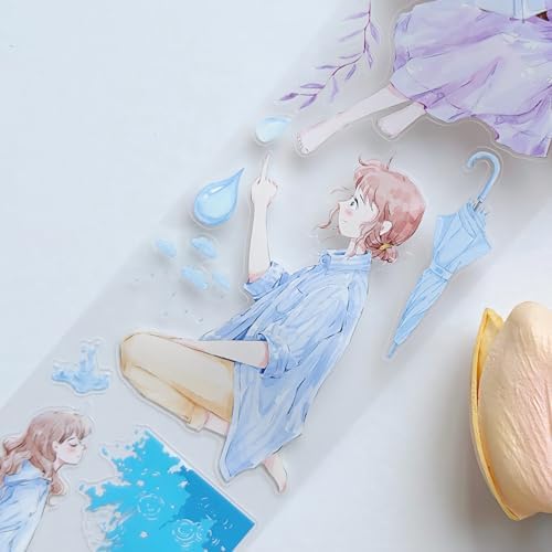 WT Pre-Cut Morning Dew Wide PET Tape, Single Roll, Original Rainy Day Illustration Designs, Transparent Decorative Tape for Journaling, Scrapbooking, Planner & DIY Crafts, 65mm×5m