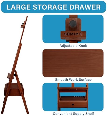 Large Beechwood H-Frame Studio Easel Stand with Storage Drawer, Walnut | Height Adjustable to 35Inches High, Suitable for Painting, Sketching and Displaying