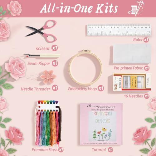 Bonroy Beginner Embroidery Stitch Book with Fabric Pages, Essential Stitches in Structured Learning Order for Adults, DIY Sewing Kit with Floral Motifs, Practice Patterns