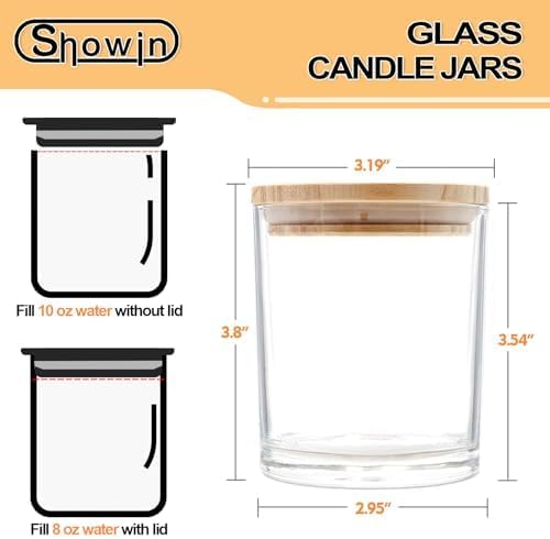 SHOWIN Thick Candle Jars for Making Candles 12 Pcs, 10 OZ Clear Empty Jars with Wood Lids for Candle Making, Sample Container