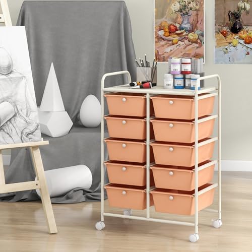 Giantex 10 Drawers Rolling Cart, Classroom Organizers, Storage Cart with Wheels, for Teacher Office Home School Supplies Tool Craft Art Paper, Peach Fuzz