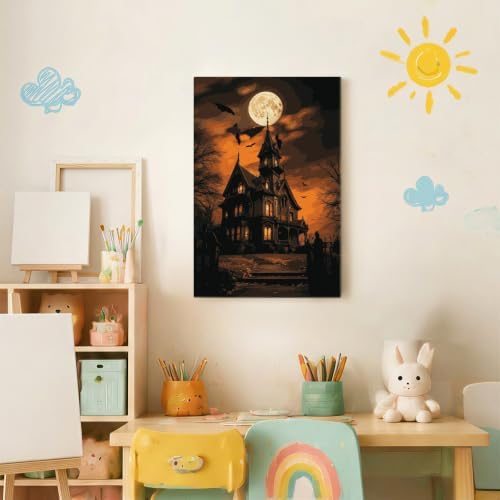Spandrel Paint by Numbers for Adults Halloween Haunted House Canvas Oil Painting Kit, Gothic Spooky Full Moon Horror Landscape Number Painting, Dark Halloween Wall Art Decor Gift for Beginners