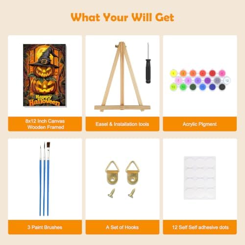 MOGTAA Halloween Paint by Numbers Kit for Adults Beginners with Frame, Pumpkin Adult Paint by Number Kits on Canvas with Easel, Easy DIY Landscape Oil Painting Kits for Home Decor, 8x12in
