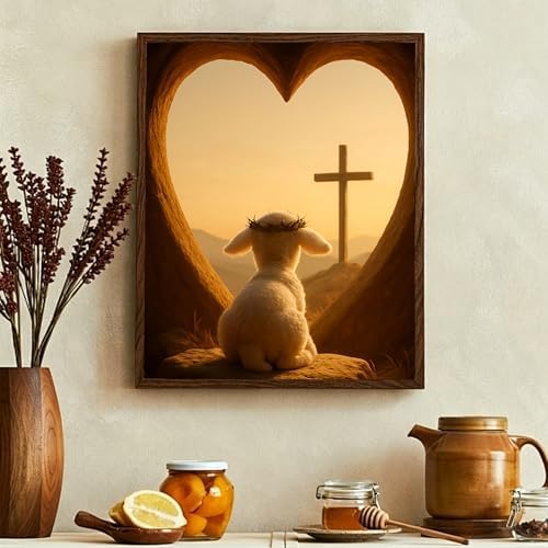 Religious Diamond Painting Kits for Adults – Lamb with Crown of Thorns and Cross, 5D DIY Full Drill Round Gem Painting by Numbers, Diamond Art Kit for Beginners, Home Wall Decor Gift, 12x16 Inch