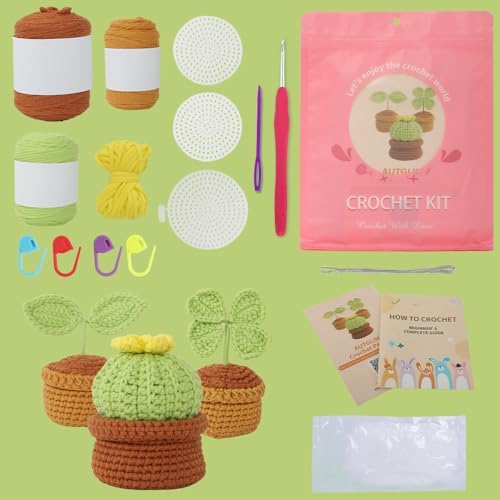 Autglint Potted Plant Crochet Kit for Beginners, Learn to Crochet Starter Kit with Pre-Started Yarn & Easy-to-Follow Video Tutorials, DIY Amigurumi Animal Kit for Adults Kids Gift