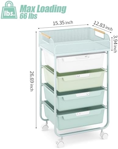 SYKIARIOL 4-Drawer Rolling Storage Cart with Mesh Top,Green