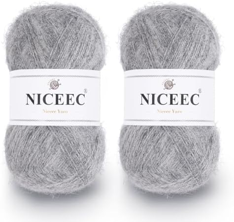 NICEEC 2 Skeins Long Pile Mohair Yarn 2.82oz/788yds - Grayish