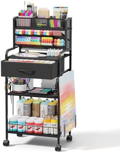Homsorout Art cart, 3 Tier Rolling Cart - Utility Cart with Storage Drawer and Wheels, Versatile Art & Craft Organizer for Home, Office, or Studio Ideal for Storing Brushes, Paints (Black)