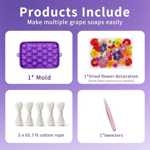 DIY Soap Making Kit, Silicone Grape Soap Mold with Cotton Rope, Dried Flowers & Tweezers, Exquisite Mold for Handmade Grape Soap Making Gift & Home Decor