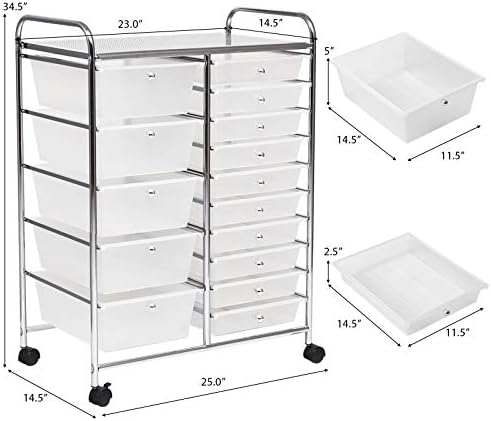 GOFLAME 15-Drawer Rolling Storage Cart, Craft Storage Cart with Removable Drawers & Lockable Wheels, Art Cart Supply Storage Organizer for Home Office Classroom, Clear